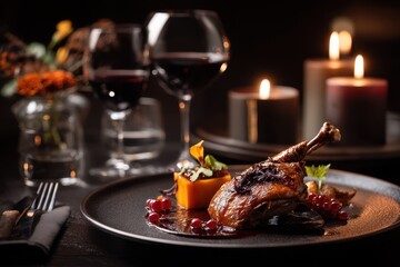 Upscale dinner in a dim eatery red wine braised goose leg sophisticated presentation