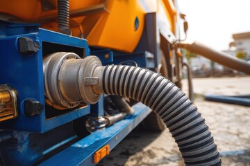 Vacuum truck empties home sewage tank in suburban area Drain cleaning service