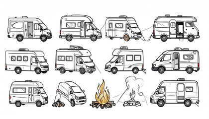 Twelve stylized camper van illustrations, showcasing diverse models and sizes, alongside campfire scenes