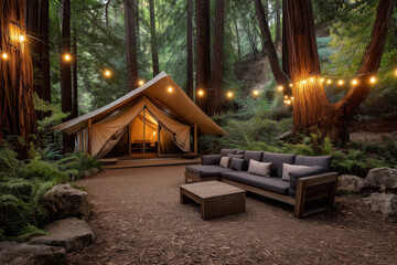 Luxury glamping tent in forest with cozy outdoor lounge and string lights