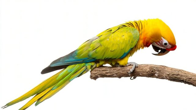 Stunning yellow macaw perched on a branch against a clean white background