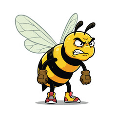 Angry bee cartoon with yellow and black stripes, gloves and sneakers in vector art.