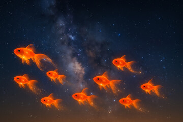 Glowing Goldfish Scattering Stardust in a Starry Night Sky, Generative AI