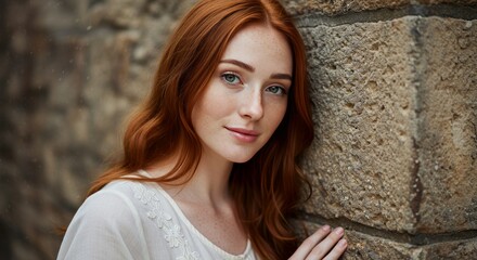 Portrait of a Redhead Woman Leaning Against Stone Wall