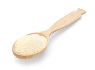 Aromatic garlic powder in wooden spoon isolated on white