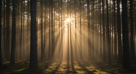 Fototapeta premium Sunlight Streaming Through Tall Trees in Forest at Sunrise