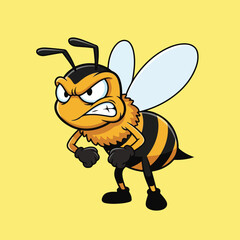 The cartoon shows an angry bee with white wings, black antennae, and yellow body.