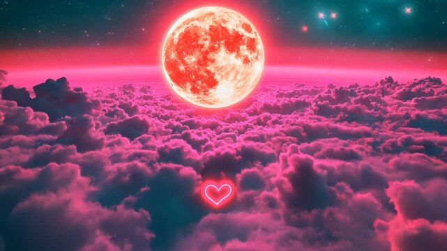 Blood moon above a sea of pink clouds, a glowing heart below