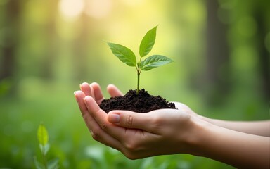 environment Earth Day In the hands of trees growing seedlings. Bokeh green Background Female hand holding tree on nature field grass Forest conservation concept. High quality