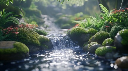 Serene forest stream cascading over mossy rocks