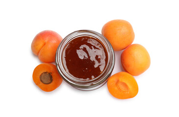 Sweet jam in jar and apricots isolated on white, top view