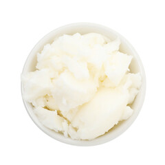 Shea butter in bowl isolated on white, top view