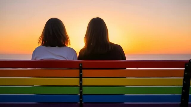 LGBTQ couple sits on rainbow bench at sunset, symbolizing Pride. Ideal for marketing diversity, love, inclusion, and social commentary. Use in tourism, community events.
