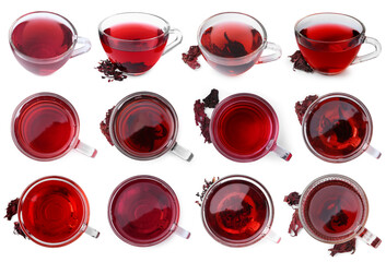 Hibiscus tea in glass cups and dried calyces isolated on white, set