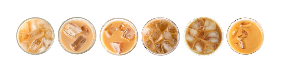 Refreshing iced coffee in different glasses isolated on white, set. Top view