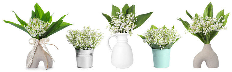 Aromatic bouquets of lily of the valley flowers in different vases isolated on white, collage