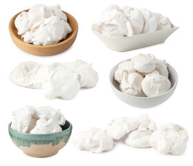 Yummy meringue cookies isolated on white, collage