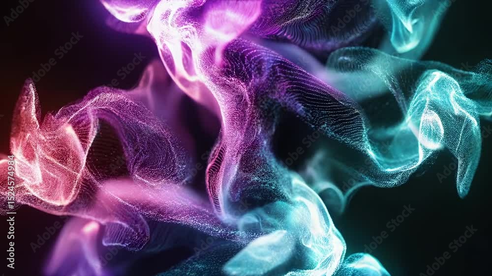 Poster mesmerizing abstract particle flow animation with vibrant colors on black background