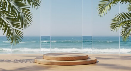 Fototapeta premium Wooden Podium on the Beach with Palm Trees