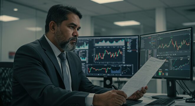 Financial analyst reviewing stock market data on multiple computer screens in the office space on transparent background - Powered by Adobe