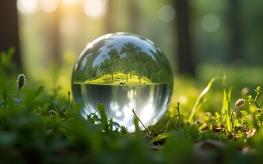 Close up of crystal globe resting on grass in a forest - environment concept. High quality