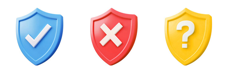 3D shield blue check mark, red X, yellow question mark icon symbol transparent PNG set bundle, isolated background. Anti virus, cyber security, protection, web, internet safety