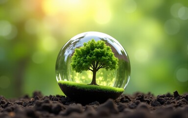 glass globe ball with tree growing and green nature blur background. eco earth day concept. High quality