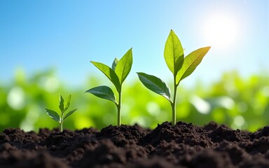 soybean growth in farm with blue sky background. agriculture plant seeding growing step concept. High quality