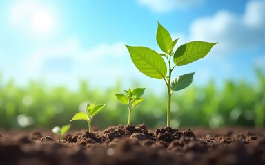 soybean growth in farm with blue sky background. agriculture plant seeding growing step concept. High quality