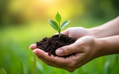 environment Earth Day In the hands of trees growing seedlings. Bokeh green Background Female hand holding tree on nature field grass Forest conservation concept. High quality