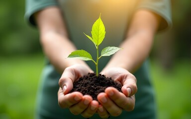environment Earth Day In the hands of trees growing seedlings. Bokeh green Background Female hand holding tree on nature field grass Forest conservation concept. High quality