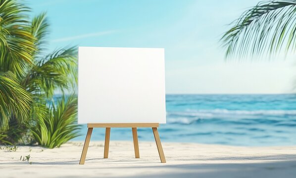 A blank wooden easel or board with space for text, with a beach view in the background. Summer vacation concept. - Powered by Adobe