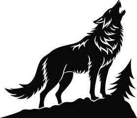 Howling Wolf Silhouette Vector, Wild Animal on Mountain with Tree in Black and White