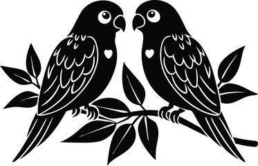 Love Birds Silhouette, Romantic Parrots on Branch Vector Illustration