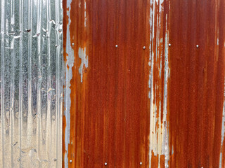 Background of corrugated zinc sheet with some of its surface rusted