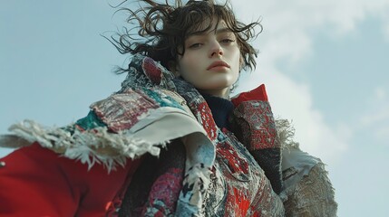 Low-angle shot of a young woman with windblown dark hair, wearing a vibrant red coat layered with a multicolored patchwork scarf, against a cloudy sky