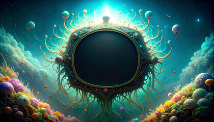  floating UI elements framing a matte black background for text. Generated Image