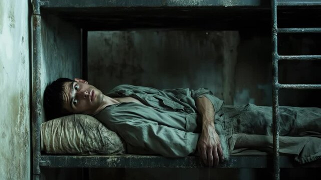 Distressed man lying on bunk bed in run-down prison cell feeling lonely
