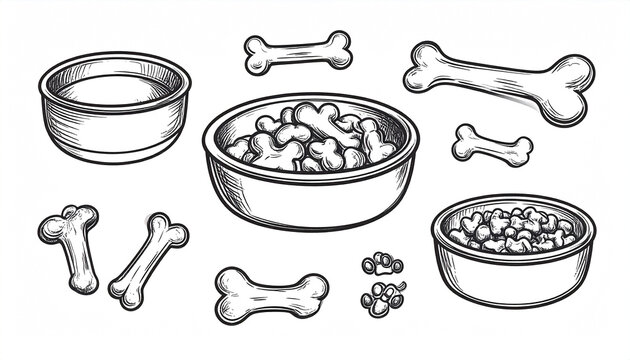 Naklejki Hand-drawn sketch of pet bowls filled with kibble and scattered dog bones, one bowl with water.  Simple, black and white line art style