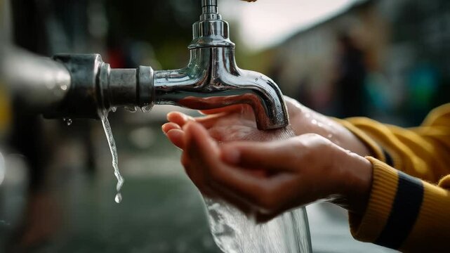 Hands under tap with running water outdoors, washing and cleanliness for personal hygiene, health and sanitation concept