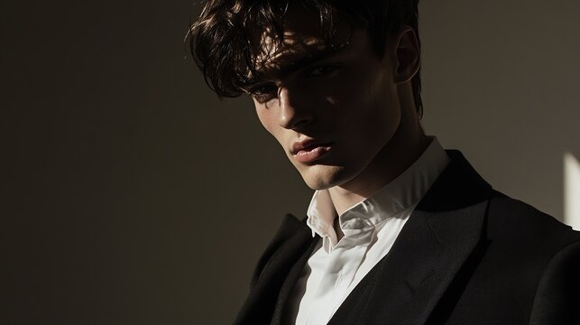 A young man with dark, tousled hair, wearing a crisp white shirt and dark suit jacket, is captured in a dramatic, chiaroscuro portrait. Sunlight illuminates - Powered by Adobe