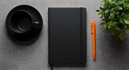 Black Notebook Mockup on Gray Desk with Coffee Cup, Pen and Plant - Flat Lay