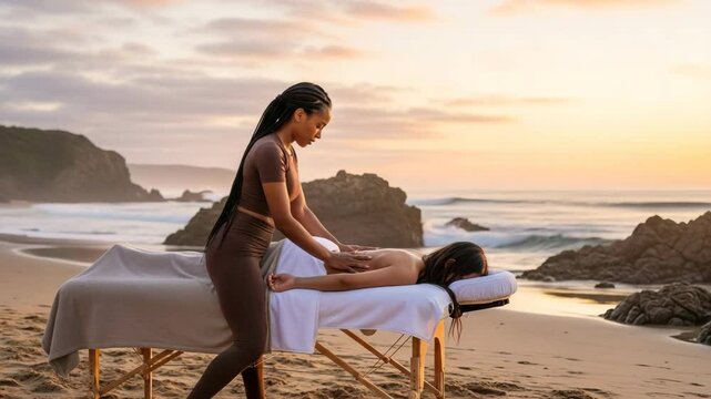 Female massage therapist is giving a soothing massage on the beach, surrounded by rocks and gentle ocean waves, creating a serene atmosphere