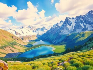 Fototapeta premium Scenic mountain valley with turquoise lakes, lush greenery, and snow-capped peaks under a sunny sky.