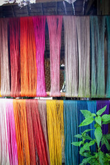 Multicolored cotton thread texture hanging abstract colorful background