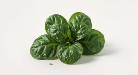 Obraz premium Close up of fresh green spinach leaves with water droplets on a white background in studio shot