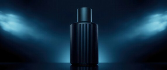Sleek, cylindrical bottle with vertical ridges stands against a dramatically lit, dark blue backdrop.