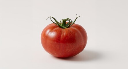 A single ripe tomato with green stem on a plain white background in a studio setting with soft lighting