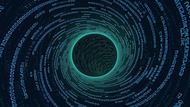 Abstract digital vortex made of binary code and data streams swirling into a central dark core, representing cyber or AI systems.