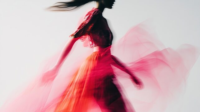 Motion-blurred profile of a woman in a red, patterned top and flowing pleated skirt, walking against a light gray background; the image emphasizes movement and dynamism
